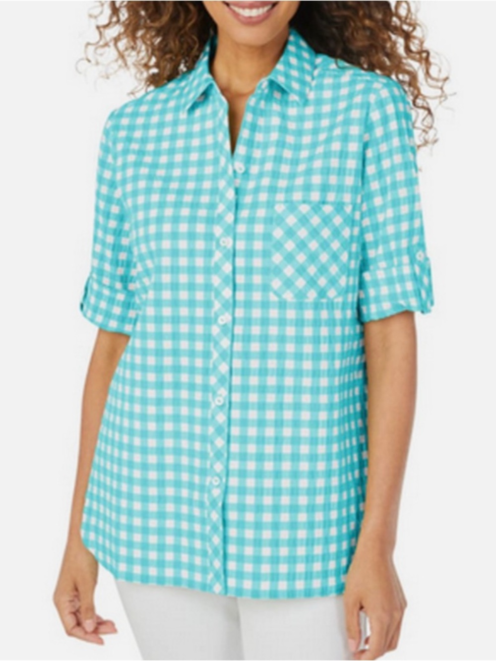 Foxcroft Turquoise Gingham Button-Front Shirt